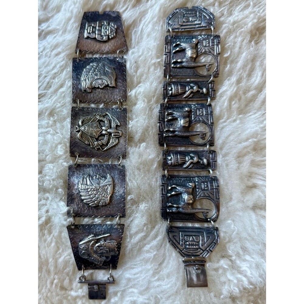 Two Vintage Peruvian Panel Bracelets 0.900 Silver Handcrafted Collectible. EUC